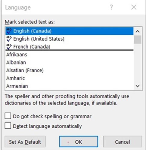 A screenshot of the proofing language box. Detect language automatically is circled.