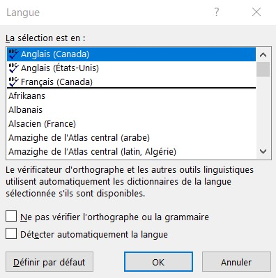 Capture d'écran de la boîte de langue d'épreuvage. La détection automatique de la langue est encerclée.