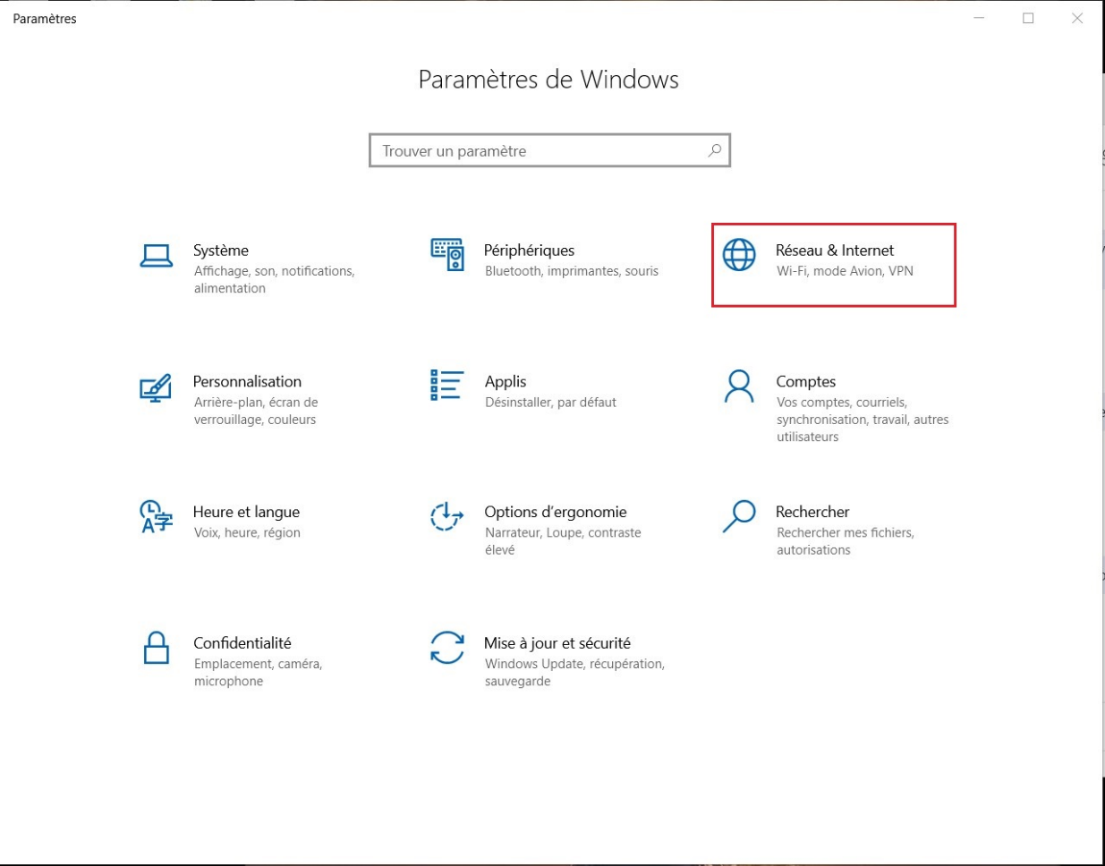 L'option Réseau & Internet du menu Paramètres de Windows