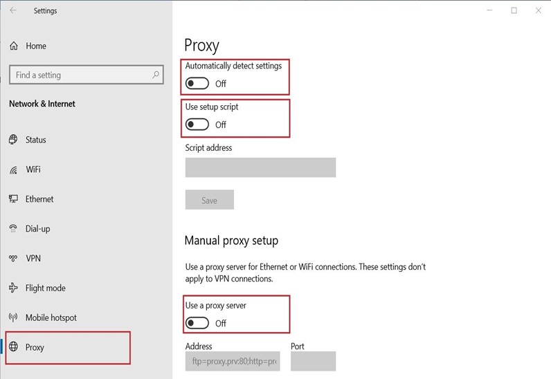 proxy settings window