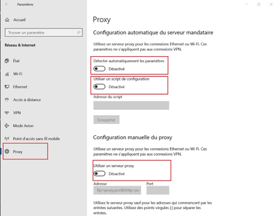 menu des paramètres du proxy