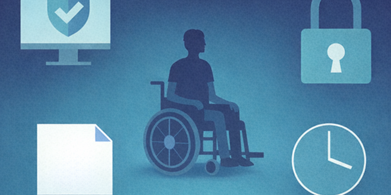 A person in a wheelchair surrounded by digital security icons including a shield, padlock, document, and clock