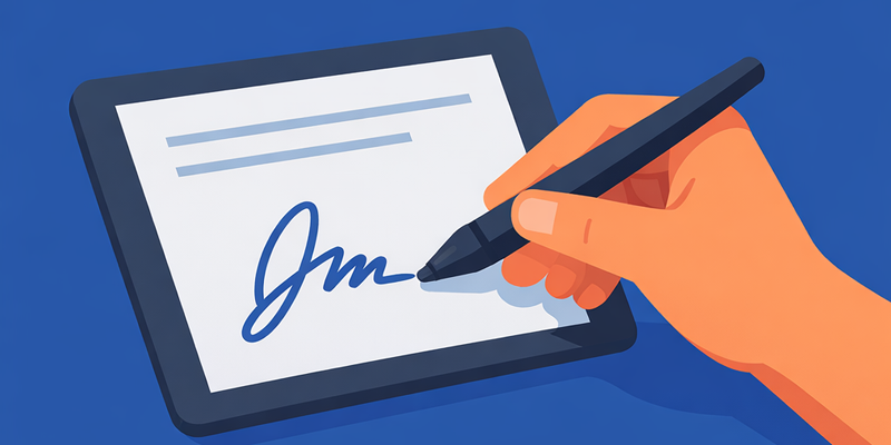 A hand using a stylus to sign a document on a digital tablet