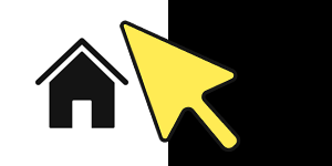 A house icon and a large yellow cursor on a split black and white background