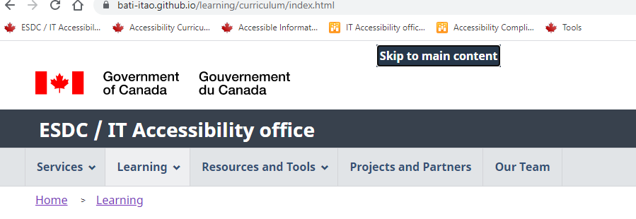  "Screenshot of the ESDC IT Accessibility office showing a "Skip to main content" link at the top of the page.