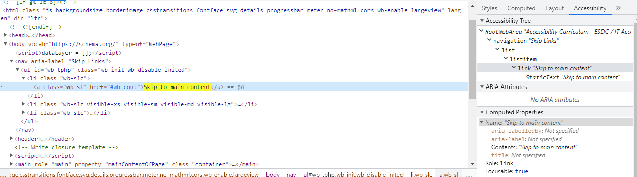 Capture d’écran du code source. Le lien de saut est un article d’une liste, dans un élément nav avec l’étiquette « Skip links ».