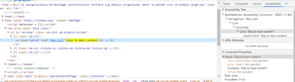  "Screenshot of the source code. The skip link is one item in a list, in a nav element with the label "Skip links""