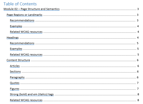 Screenshot of a table of contents shows heading text as links.