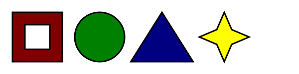 FQuatre formes sont disponibles : une boîte creuse rouge, un cercle vert, un triangle bleu et une étoile jaune à quatre pointes.