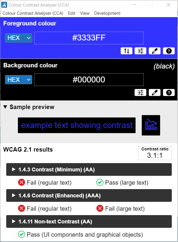 Capture d’écran de l’application Colour Contrast Analyseur montrant le rapport de contraste de 3,1:1