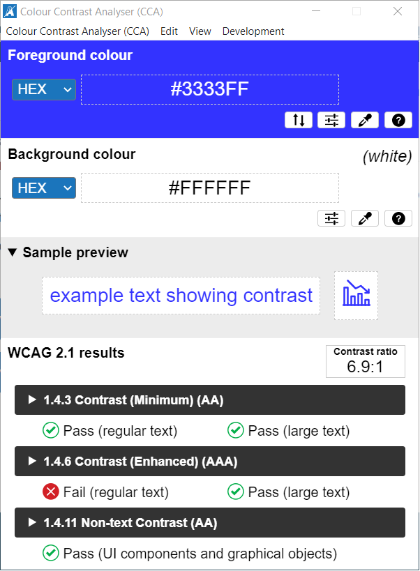Capture d’écran de l’application Colour Contrast Analyser montrant le rapport de contraste de 6,9:1