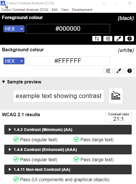 Capture d’écran de l’application Colour Contrast Analyser montrant le rapport de contraste 21:1