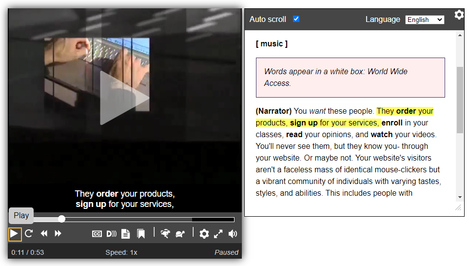 Screenshot of the Able Player and interactive transcript side by side. The sentence in captions is highlighted in the transcript.