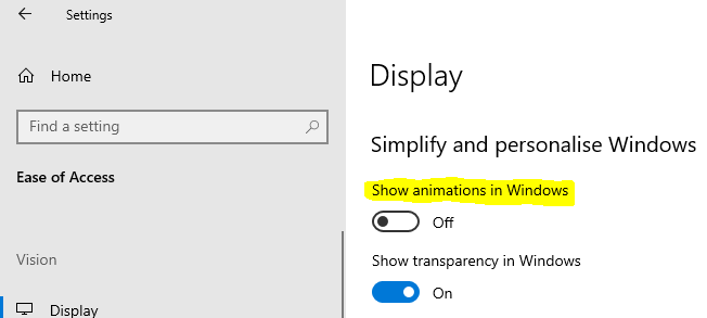 Capture d'écran des paramètres de facilité d'accès de Windows 10, avec l'option désactivée pour Afficher les animations dans Windows.