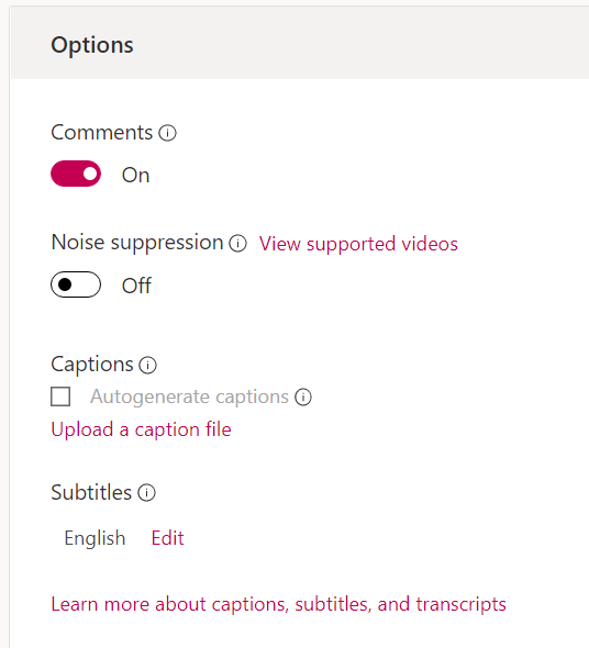 Screenshot from the MS Stream Update Video Details page showing the Options panel